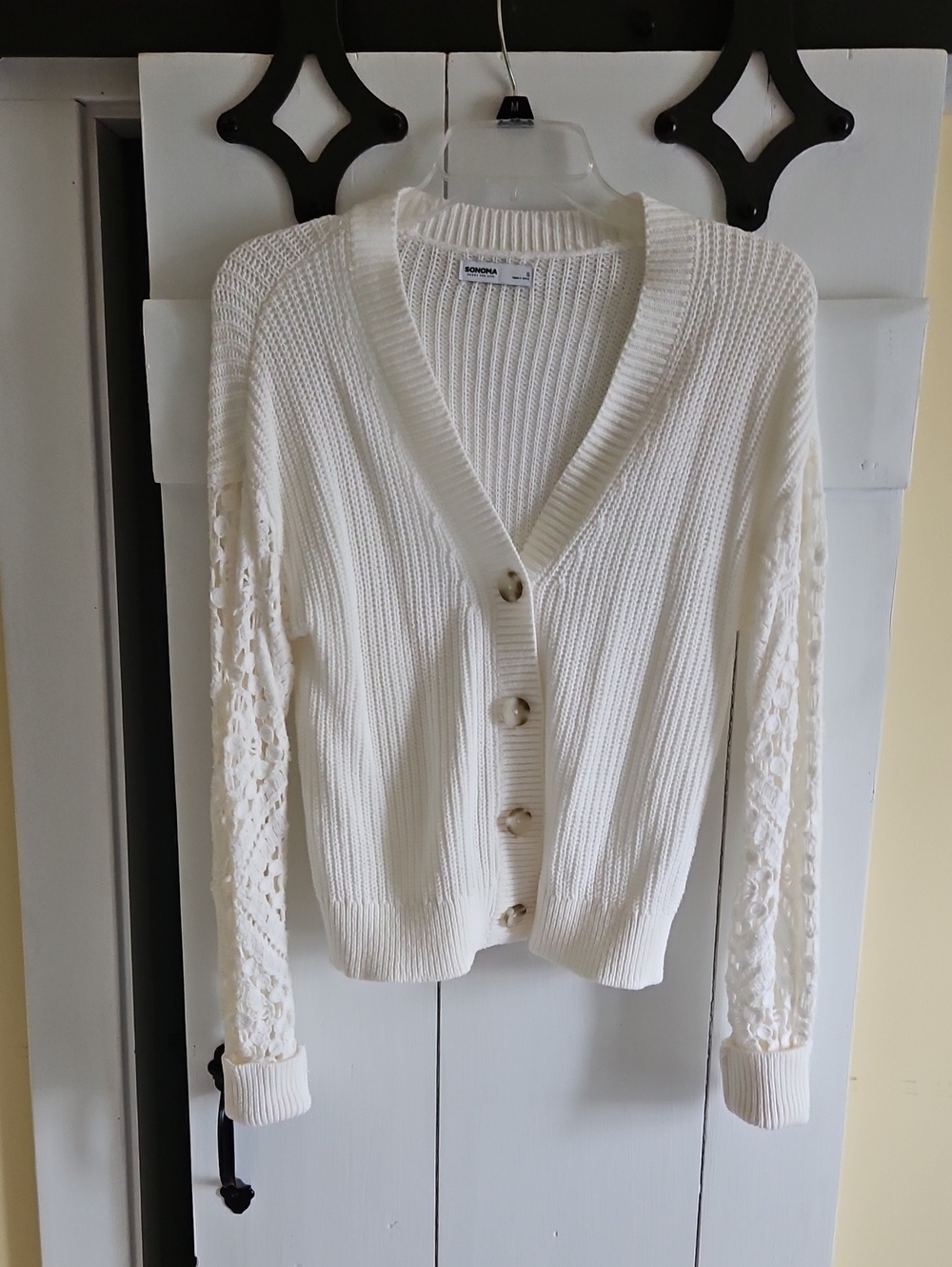 Sonoma Cream Crochet-Sleeve Button Cardigan